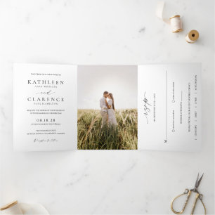 Eenvoudige minimale formele foto klassieke bruilof drieluik uitnodiging