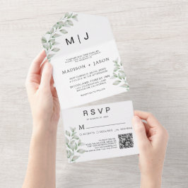 Eenvoudige minimale Greenery Monogram Wedding QR C All In One Uitnodiging