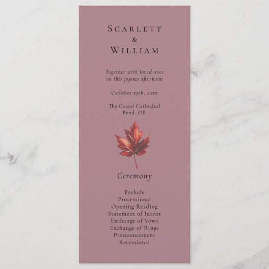 Eenvoudige minimale Herfst Leaf Mauve bruiloft Programma (Voorkant)