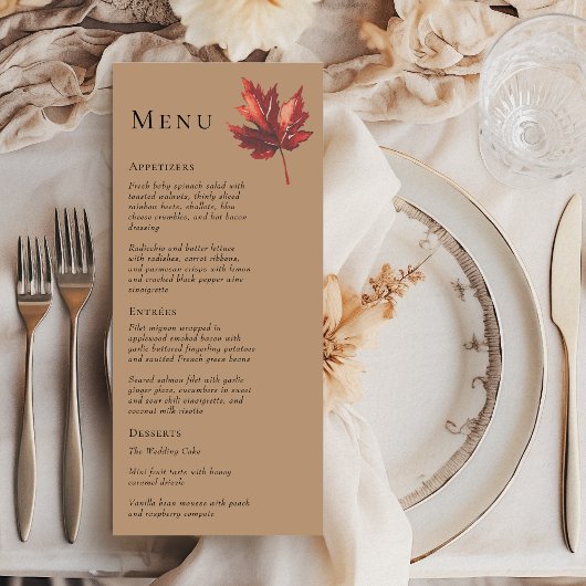 Eenvoudige minimale Herfst Leaf Terracotta bruilof Menu