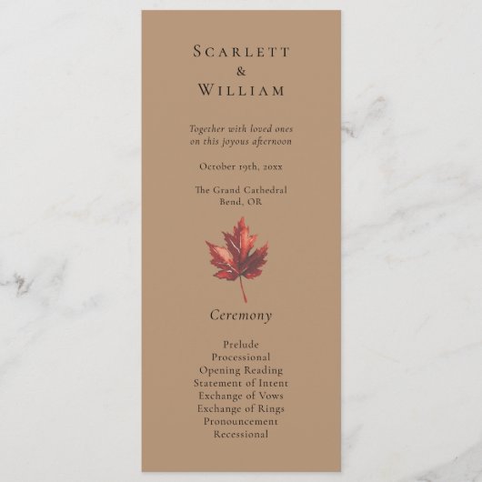 Eenvoudige minimale Herfst Leaf Terracotta bruilof Programma (Voorkant)