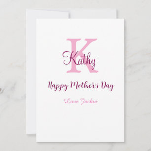 eenvoudige minimale moedersdag monogram roze naam  feestdagenkaart