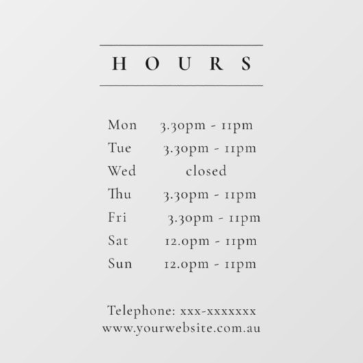 Eenvoudige minimale openingstijden voor zwart-wit raamsticker (Vel)