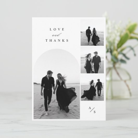 Eenvoudige minimalistische 4 foto bruiloft bedankkaart (Staand voorkant)