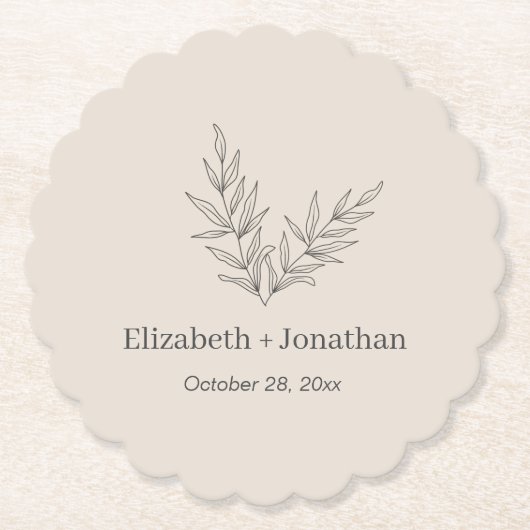Eenvoudige minimalistische bladbruiloft kartonnen onderzetters (Voorkant)