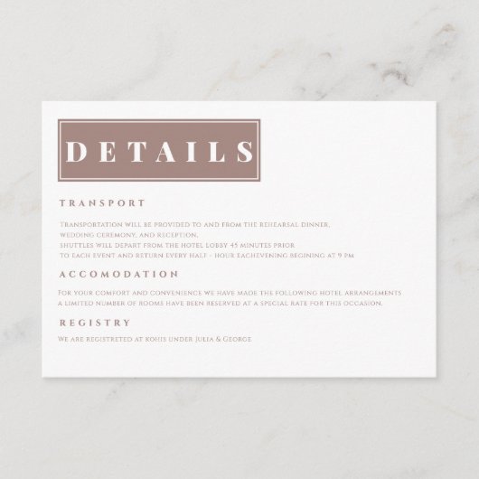 Eenvoudige minimalistische bruin elegante details informatiekaartje (Voorkant)