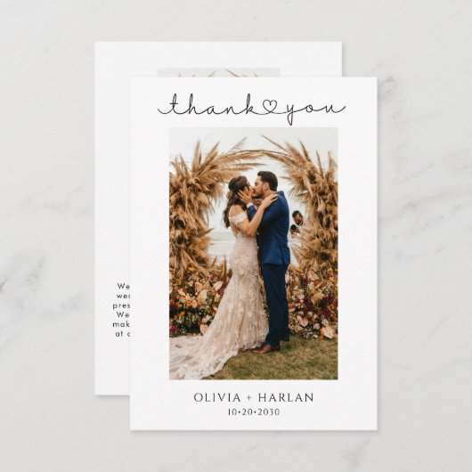 Eenvoudige minimalistische script en hart bruiloft bedankkaart (Voorkant / Achterkant)