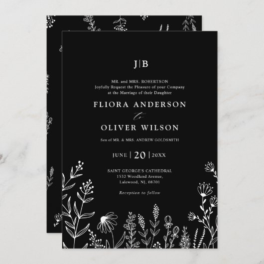 Eenvoudige minimalistische Wildflower Black Weddin Kaart (Voorkant / Achterkant)