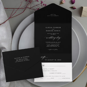 Eenvoudige minimalistische zwarte en witte elegant all in one uitnodiging