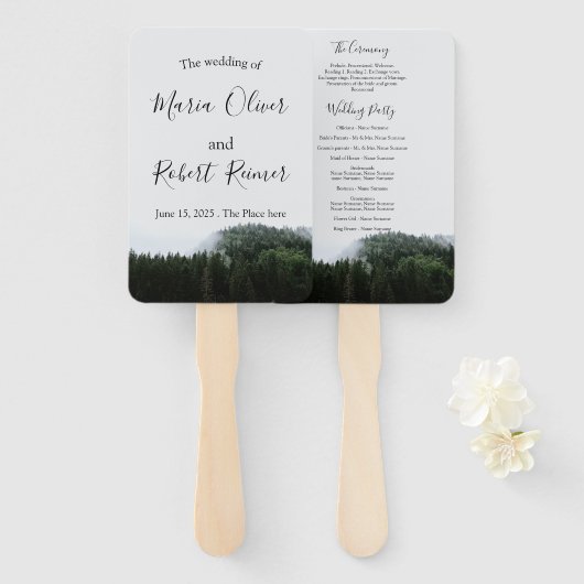 Eenvoudige, mistige dennenbomen regenwoud bruiloft handwaaier (Voorkant en achterkant)