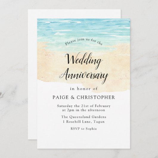 Eenvoudige Moderne Aquarel Strand Bruiloft Jubileu Kaart (Voorkant / Achterkant)