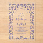 Eenvoudige Moderne Bloemenlijn Kunst Blauw Huwelij Acryl Uitnodigingen (Voorkant)