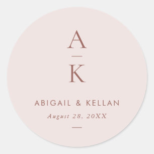 Eenvoudige Moderne Blush Bruin Monogram Bruiloft Ronde Sticker