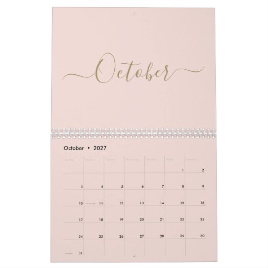 Eenvoudige moderne blush roze gouden script maand  kalender (Okt 2027)