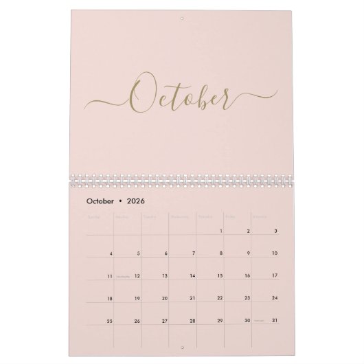 Eenvoudige moderne blush roze gouden script maand kalender (Okt 2026)