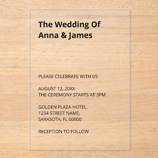 Eenvoudige moderne bruiloft acryl uitnodiging acryl uitnodigingen (Voorkant)