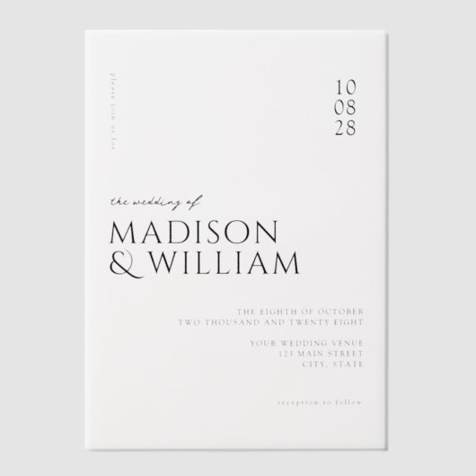 Eenvoudige moderne chique zwart-wit bruiloft vellum uitnodigingen (Voorkant)