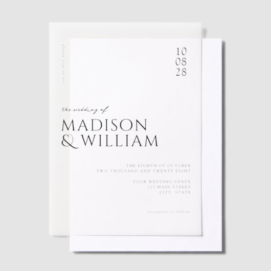 Eenvoudige moderne chique zwart-wit bruiloft vellum uitnodigingen (Offset)