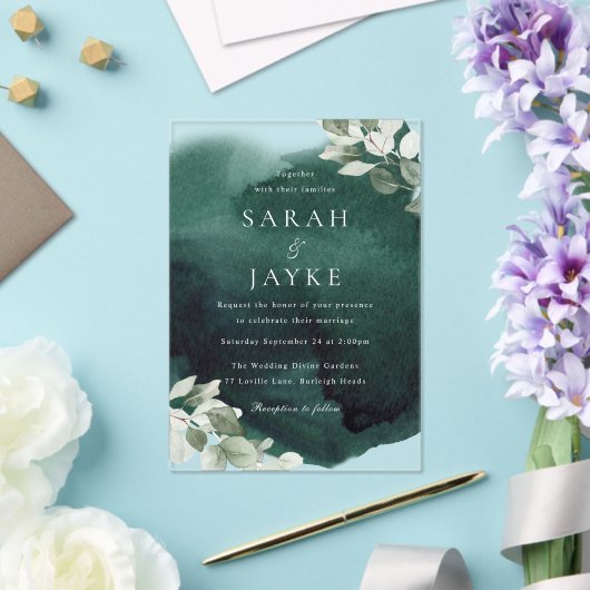 Eenvoudige moderne Emerald Green Leaf bruiloft Acryl Uitnodigingen (Insitu (Huwelijk))