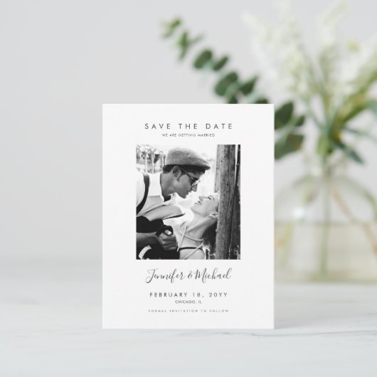 Eenvoudige moderne fotontwerp save the date ansich uitnodiging briefkaart (Staand voorkant)