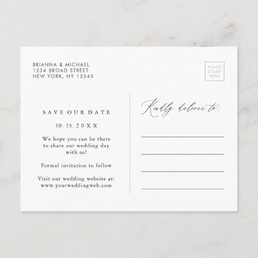 Eenvoudige moderne kalligrafie huwelijkskaart bewa aankondigingskaart (Achterkant)