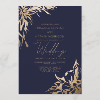 Eenvoudige moderne legante marine Gold Flora Weddi Kaart