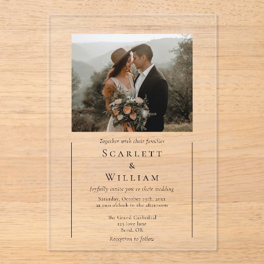 Eenvoudige moderne minimale klassieke foto bruilof acryl uitnodigingen (Voorkant)