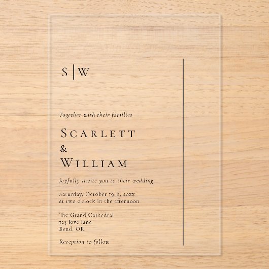 Eenvoudige Moderne Minimale Monogram Bruiloft Acryl Uitnodigingen (Voorkant)