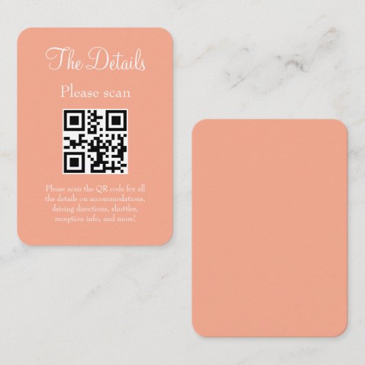 Eenvoudige moderne perzik bruiloft details met QR- Informatiekaartje (Voorkant / Achterkant)