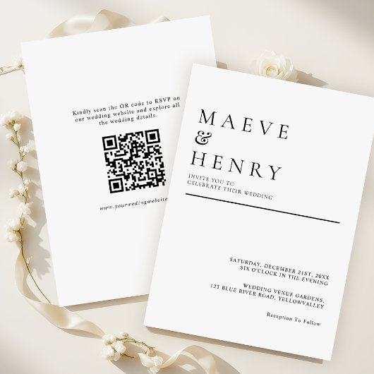 Eenvoudige Moderne QR-code Minimalistische Trouwda Kaart
