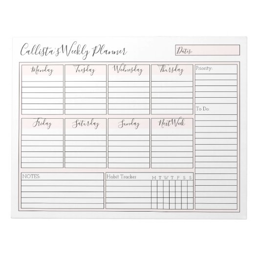 Eenvoudige, moderne, roze, Wekelijkse aangepaste p Notitieblok (Voorkant)
