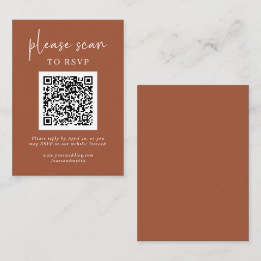 Eenvoudige moderne RSVP met QR-code | Terracotta Informatiekaartje (Voorkant / Achterkant)