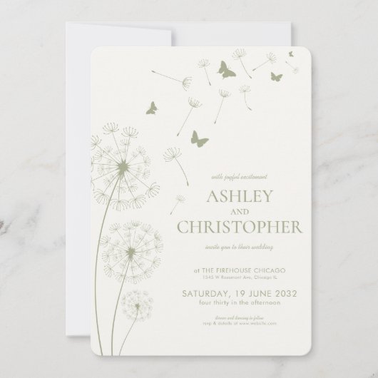 Eenvoudige Moderne Sage Groene Paardebloem Bruilof Kaart (Voorkant)