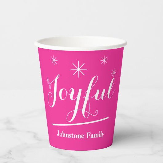 Eenvoudige moderne scriptnaam Chic Hot Pink Joyful Papieren Bekers (Voorkant)