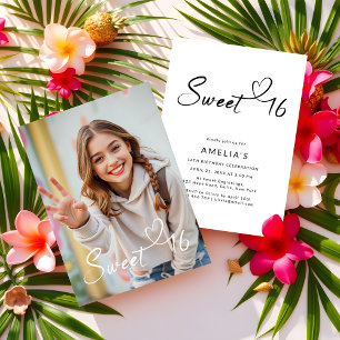 Eenvoudige moderne scripttypografie Sweet 16 Foto Kaart