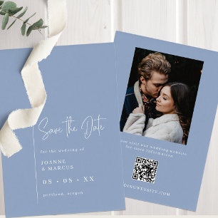 Eenvoudige Moderne Stoffige Blauwe Foto & QR Code Save The Date