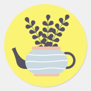 Eenvoudige moderne theepot met plant pastel ronde sticker