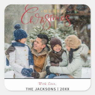 Eenvoudige moderne vrolijke kerst familie foto vierkante sticker