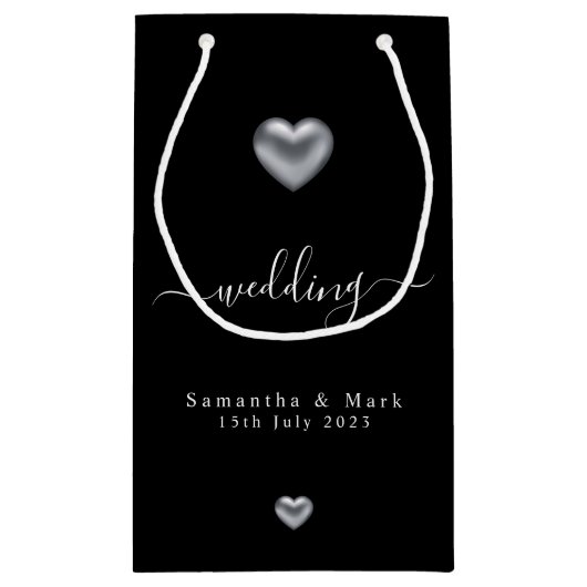 Eenvoudige, moderne, zilverkleurige Heart Weddensc Klein Cadeauzakje (Achterkant)