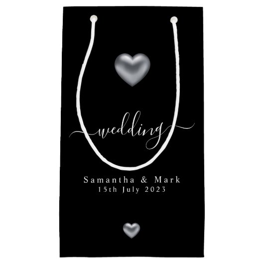 Eenvoudige, moderne, zilverkleurige Heart Weddensc Klein Cadeauzakje (Voorkant)