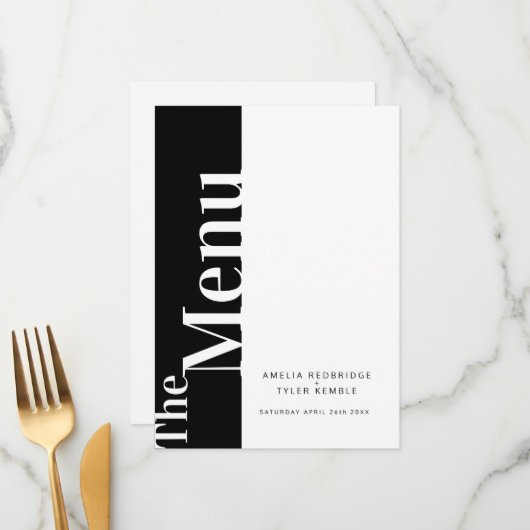Eenvoudige mono tekst zwart met witte bruiloft men menu (Voorkant / Achterkant in situ)