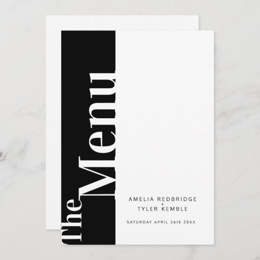 Eenvoudige mono tekst zwart met witte bruiloft men menu (Voorkant / Achterkant)