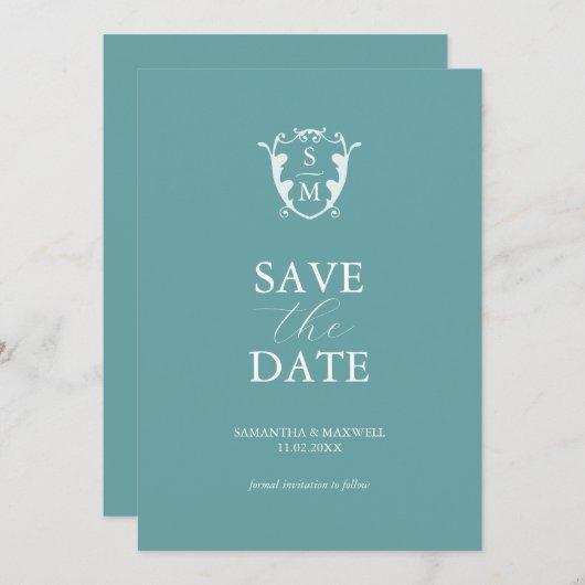 Eenvoudige Monogram Blauwe Save The Date (Voorkant / Achterkant)