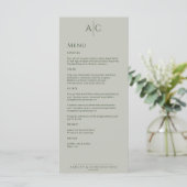 Eenvoudige Mos & Sage Monogram Bruiloft Receptie Menu (Staand voorkant)