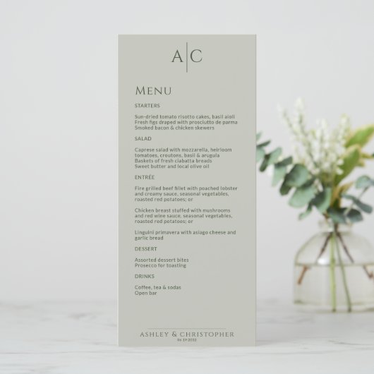 Eenvoudige Mos & Sage Monogram Bruiloft Receptie Menu (Staand voorkant)
