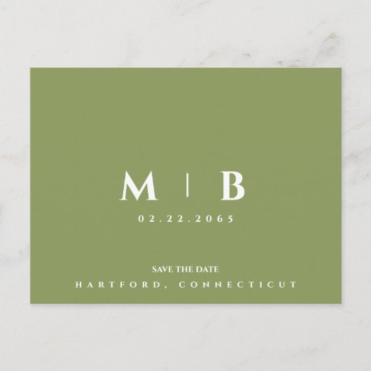 Eenvoudige Moss Groene Monogram Bruiloft Save the Briefkaart (Voorkant)