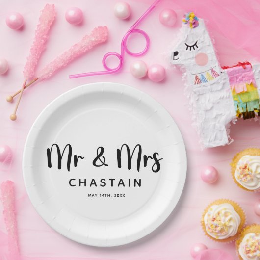 Eenvoudige Mr & Mrs | Bruiloft Monogram Papieren Bordje (Feest)
