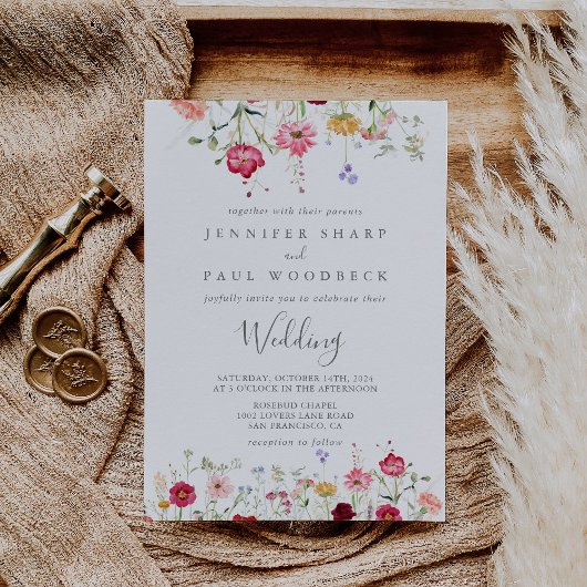 Eenvoudige Multicolor Wildflower Wedding Kaart