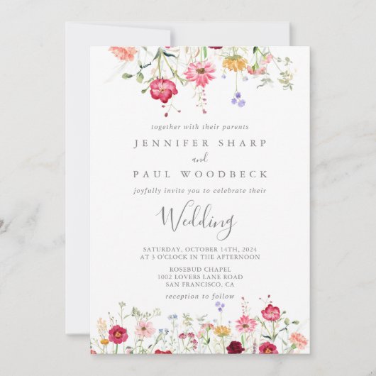 Eenvoudige Multicolor Wildflower Wedding Kaart (Voorkant)