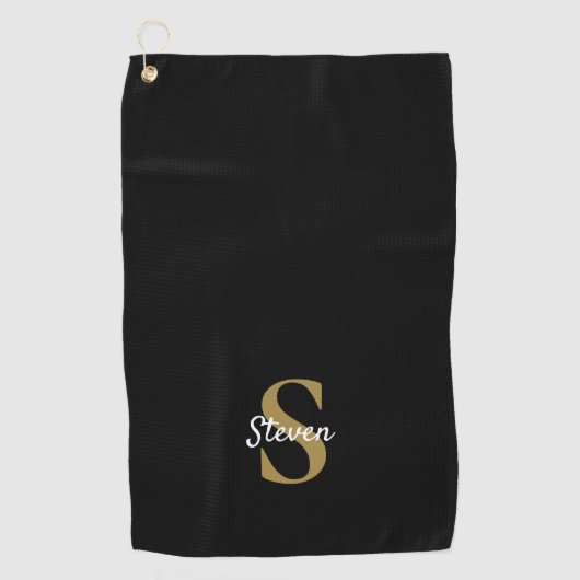 Eenvoudige naam zwart-wit en gouden monogram golfhanddoek (Voorkant)